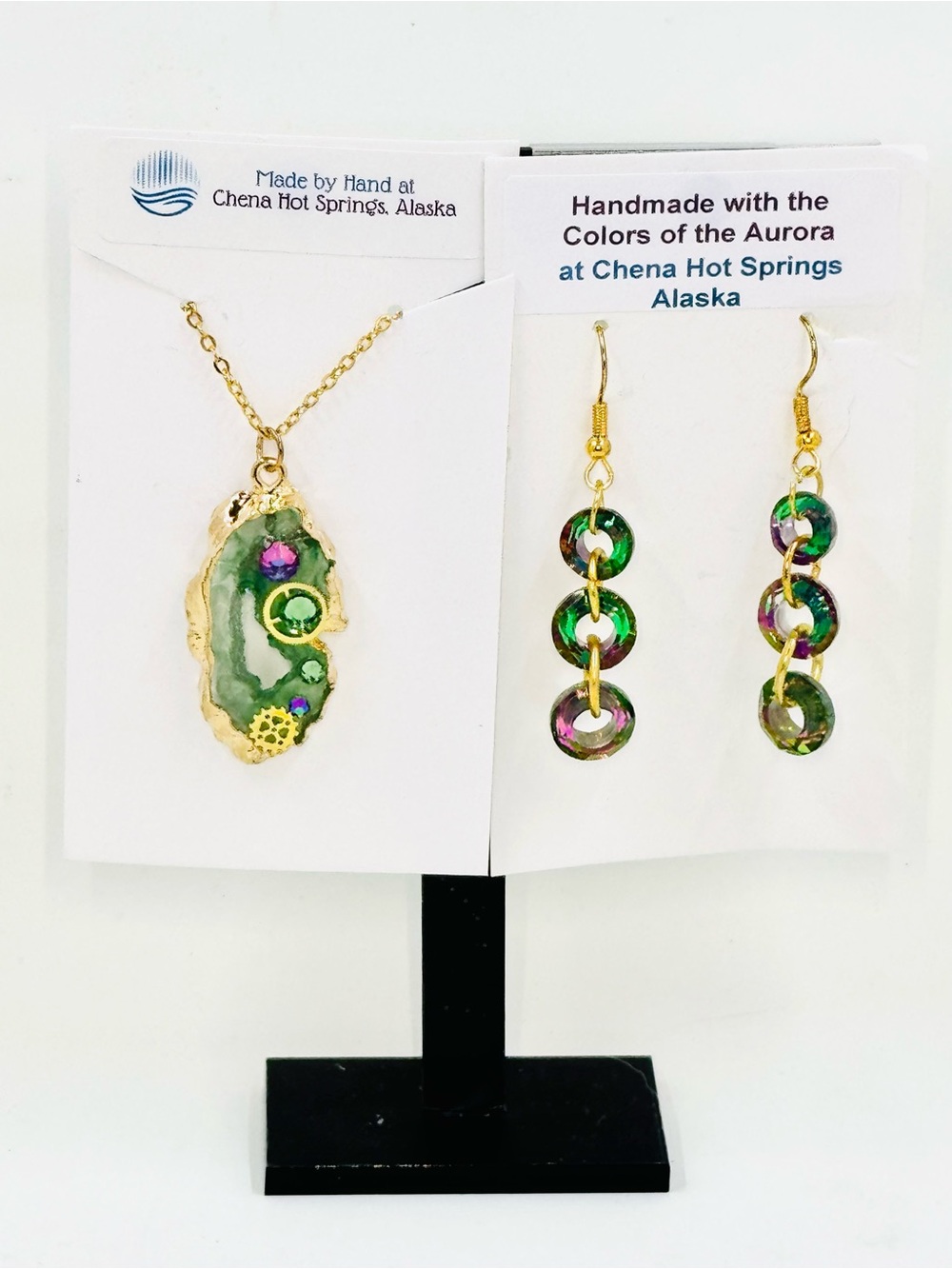 Artisan Handmade in Alaska Aurora-Inspired Green Gold Necklace & Earrings Set